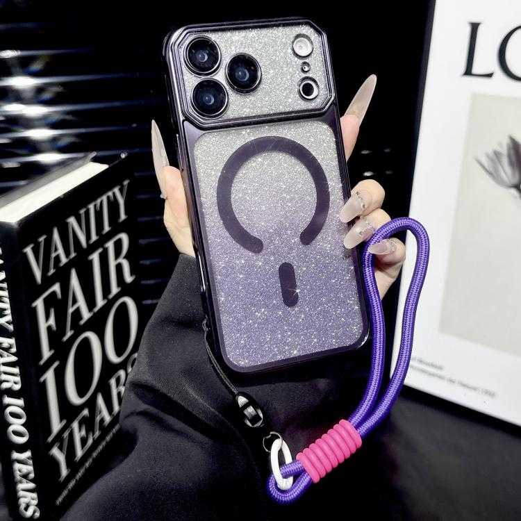 For iPhone 17 Pro Max Large Window Glitter Gradient Matte Electroplated TPU MagSafe Phone Case with Hand Strap