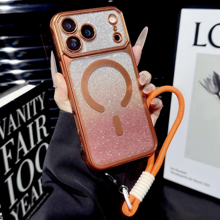 For iPhone 17 Pro Large Window Glitter Gradient Matte Electroplated TPU MagSafe Phone Case with Hand Strap