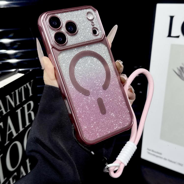 For iPhone 17 Pro Large Window Glitter Gradient Matte Electroplated TPU MagSafe Phone Case with Hand Strap
