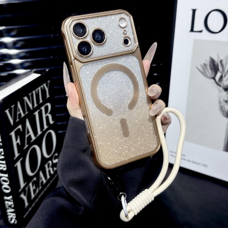 For iPhone 17 Pro Large Window Glitter Gradient Matte Electroplated TPU MagSafe Phone Case with Hand Strap