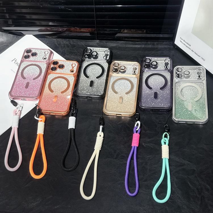 For iPhone 17 Pro Large Window Glitter Gradient Matte Electroplated TPU MagSafe Phone Case with Hand Strap