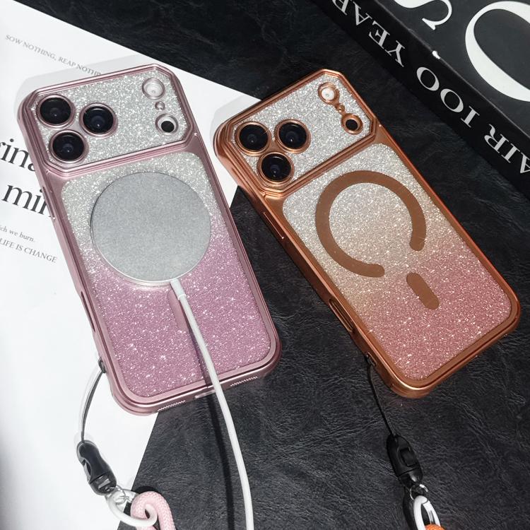 For iPhone 17 Pro Large Window Glitter Gradient Matte Electroplated TPU MagSafe Phone Case with Hand Strap