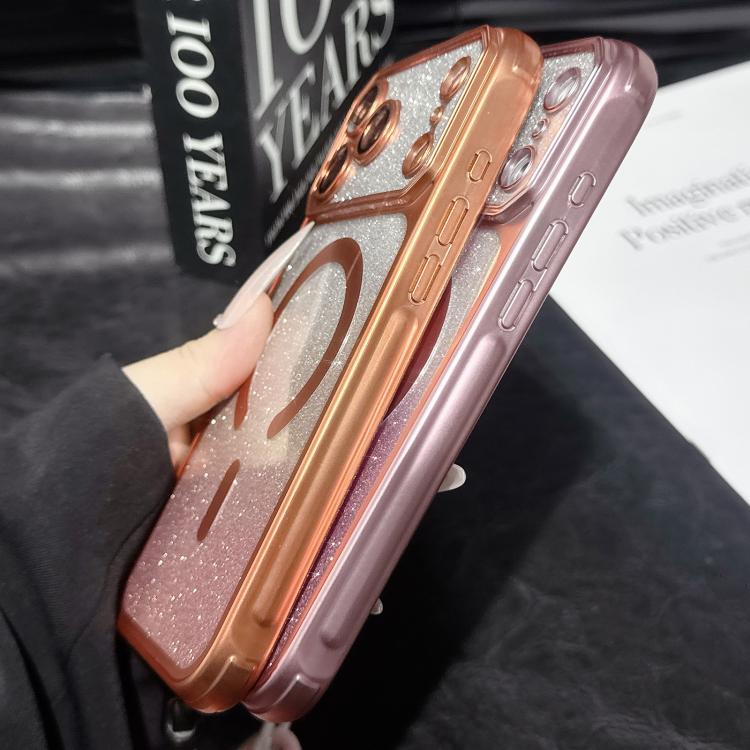 For iPhone 17 Pro Large Window Glitter Gradient Matte Electroplated TPU MagSafe Phone Case with Hand Strap