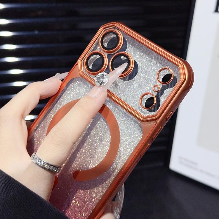 For iPhone 17 Pro Large Window Glitter Gradient Matte Electroplated TPU MagSafe Phone Case with Hand Strap