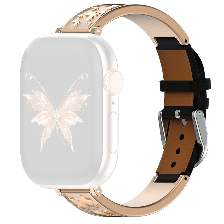 For Apple Watch 42 / 44 / 45 / 46 / 49mm xDfind Butterfly Stainless Steel Hybrid Genuine Leather Watch Band