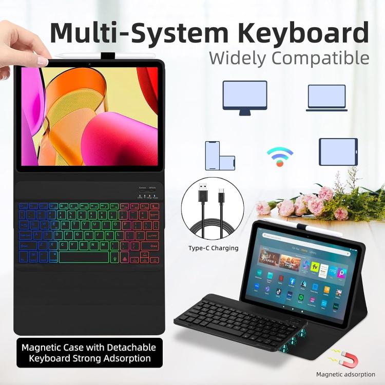 For itel Vista Tab 30 RGB Backlight Square Keycaps Bluetooth Keyboard Tablet Leather Case - Black
