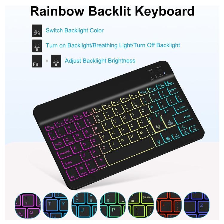 For itel Vista Tab 30 RGB Backlight Square Keycaps Bluetooth Keyboard Tablet Leather Case - Black