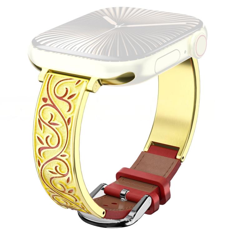 For Apple Watch 38 / 40 / 41 / S11 42mm xDfind Retro Floral Carving Stainless Steel Hybrid Genuine Leather Watch Band
