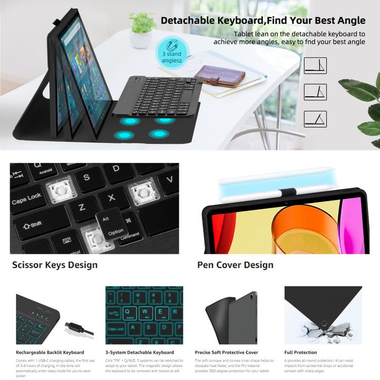 For Tecno Megapad 11 RGB Backlight Square Keycaps Bluetooth Keyboard Tablet Leather Case - Black