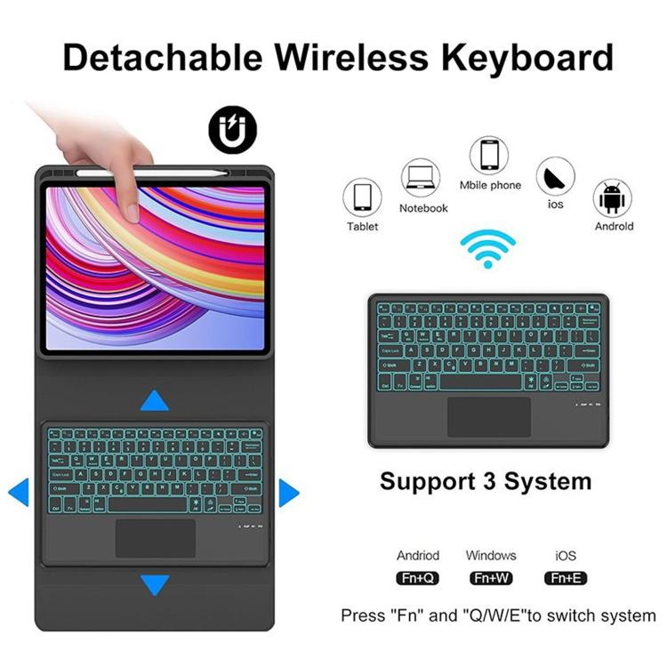For Redmi Pad 2 Pro Touchpad RGB Backlight Bluetooth Keyboard Tablet Leather Case with Pen Slot - Black