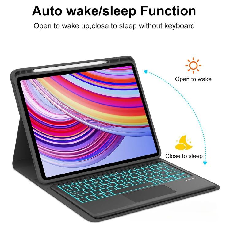 For Redmi Pad 2 Pro Touchpad RGB Backlight Bluetooth Keyboard Tablet Leather Case with Pen Slot - Black