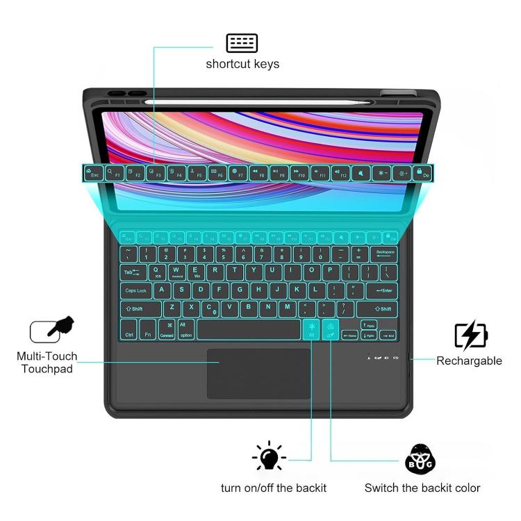 For Redmi Pad 2 Pro Touchpad RGB Backlight Bluetooth Keyboard Tablet Leather Case with Pen Slot - Black