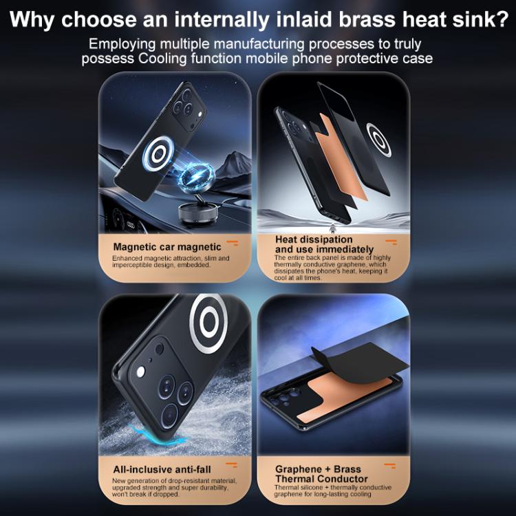 For iPhone 17 Graphene Brass Thermal Grease Cooling Frosted Magnetic Phone Case - Black