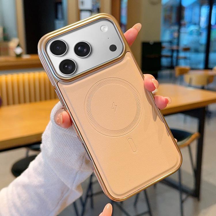 For iPhone 17 Pro Max Electroplated PC Side Vegan Leather-Texture MagSafe Phone Case