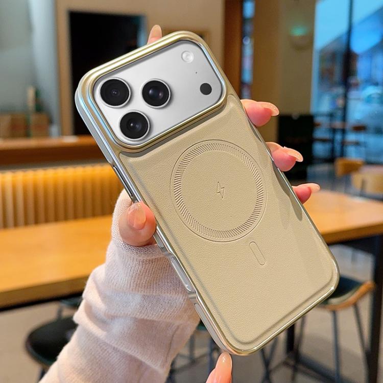For iPhone 17 Pro Max Electroplated PC Side Vegan Leather-Texture MagSafe Phone Case
