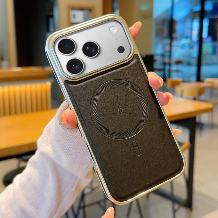 For iPhone 17 Pro Electroplated PC Side Vegan Leather-Texture MagSafe Phone Case