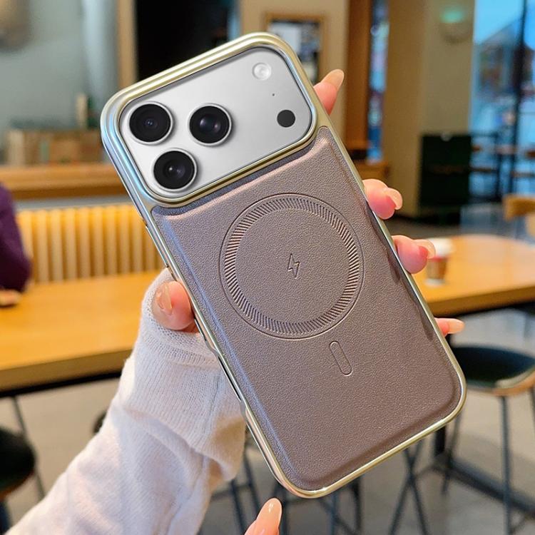 For iPhone 17 Pro Electroplated PC Side Vegan Leather-Texture MagSafe Phone Case