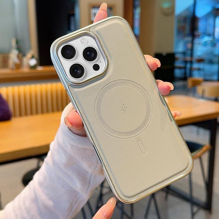 For iPhone 16 Pro Max Electroplated PC Side Vegan Leather-Texture MagSafe Phone Case