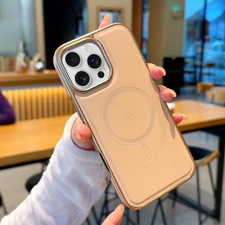 For iPhone 16 Pro Electroplated PC Side Vegan Leather-Texture MagSafe Phone Case
