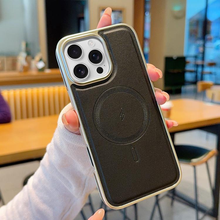 For iPhone 16 Pro Electroplated PC Side Vegan Leather-Texture MagSafe Phone Case