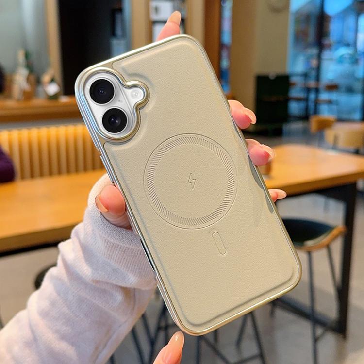 For iPhone 16 Electroplated PC Side Vegan Leather-Texture MagSafe Phone Case