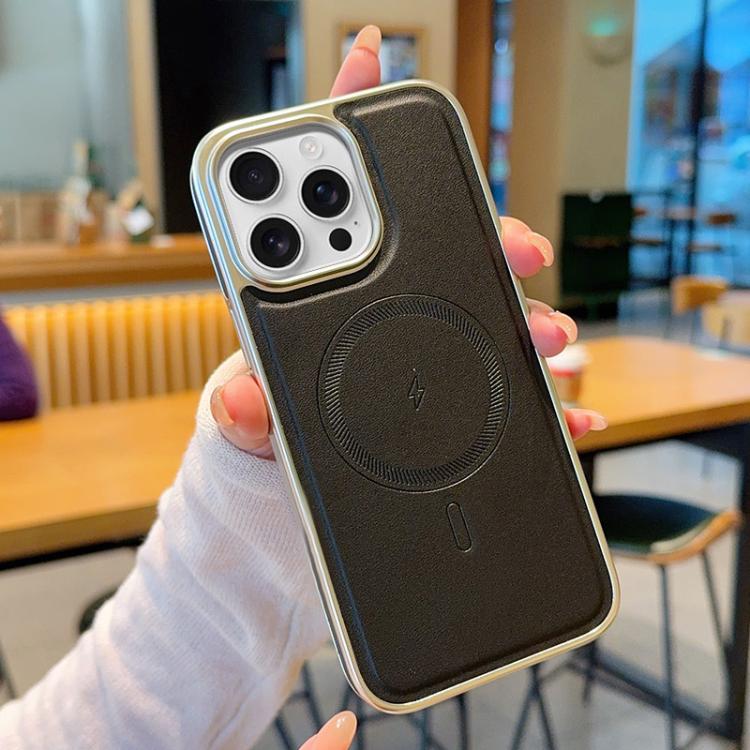 For iPhone 15 Pro Max Electroplated PC Side Vegan Leather-Texture MagSafe Phone Case