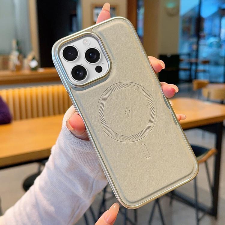 For iPhone 15 Pro Electroplated PC Side Vegan Leather-Texture MagSafe Phone Case