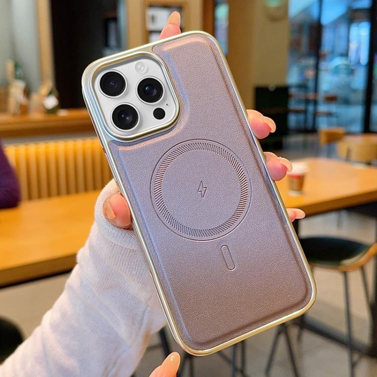 For iPhone 15 Pro Electroplated PC Side Vegan Leather-Texture MagSafe Phone Case