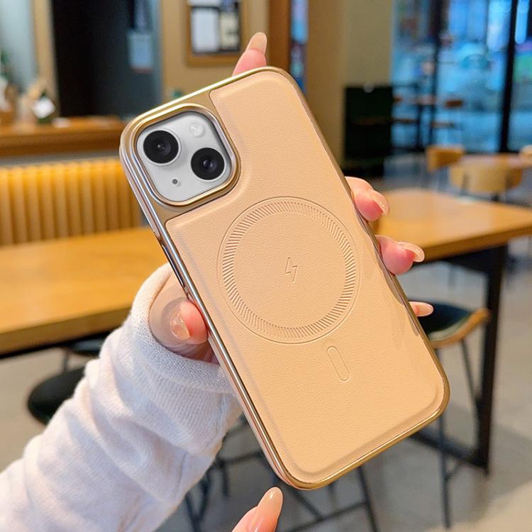 For iPhone 15 Electroplated PC Side Vegan Leather-Texture MagSafe Phone Case