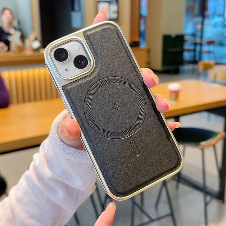 For iPhone 15 Electroplated PC Side Vegan Leather-Texture MagSafe Phone Case