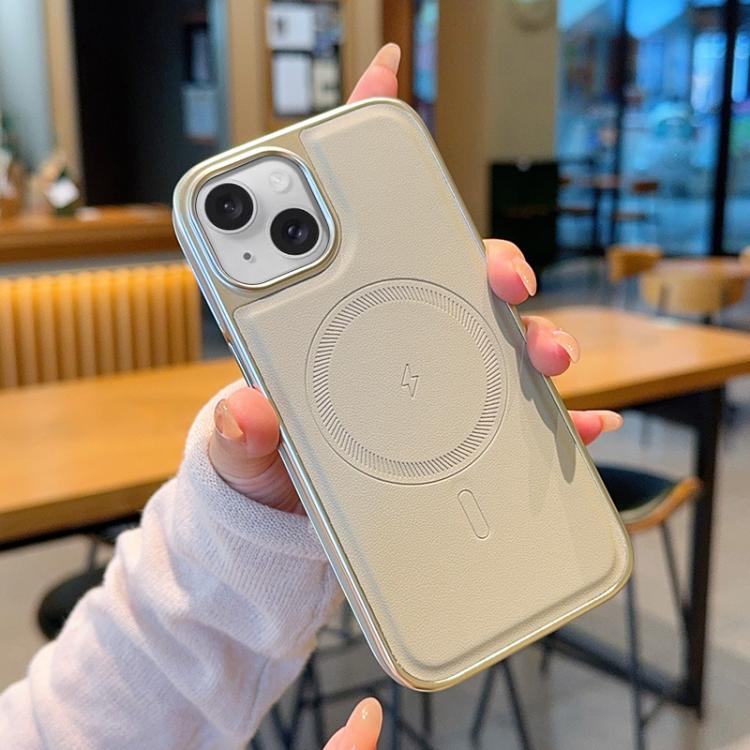 For iPhone 15 Electroplated PC Side Vegan Leather-Texture MagSafe Phone Case