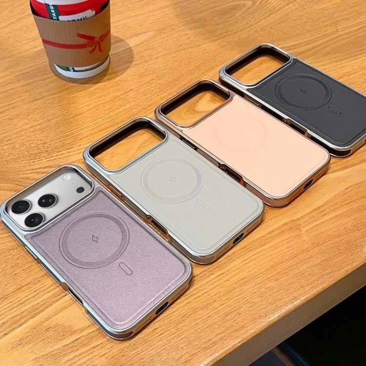 For iPhone 17 Pro Electroplated PC Side Vegan Leather-Texture MagSafe Phone Case