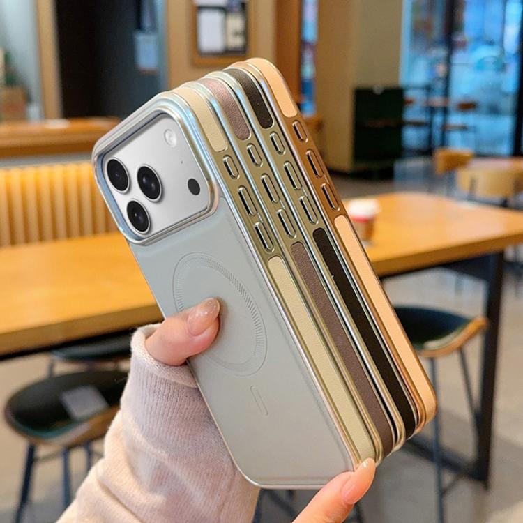 For iPhone 15 Electroplated PC Side Vegan Leather-Texture MagSafe Phone Case