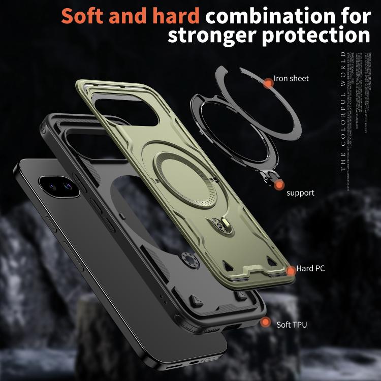 For Google Pixel 9a PC Hybrid TPU Armor MagSafe Ring Holder Phone Case