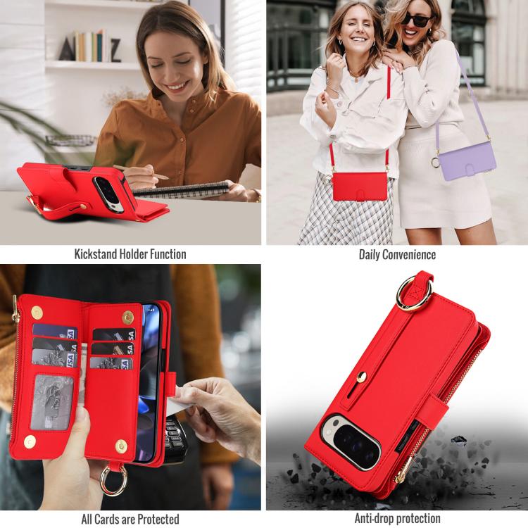 For Google Pixel 10 / 10 Pro Crossbody Ring Multifunctional Wallet Leather Phone Case