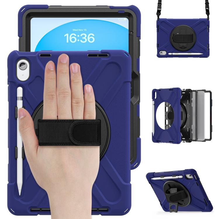 For iPad 2025 / 2022 Rotatable Holder Silicone Hybrid PC Tablet Case with Shoulder Strap & Pen Slot