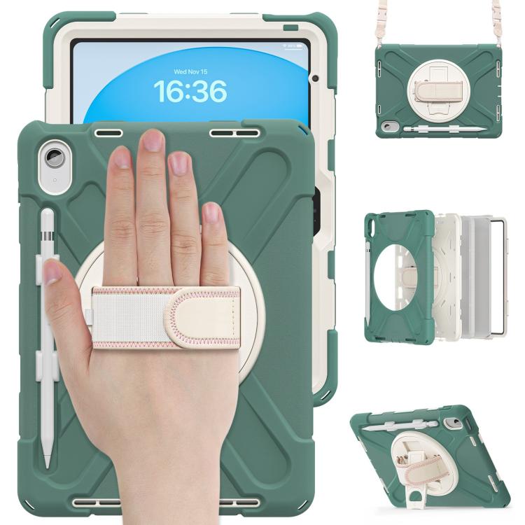 For iPad 2025 / 2022 Rotatable Holder Silicone Hybrid PC Tablet Case with Shoulder Strap & Pen Slot