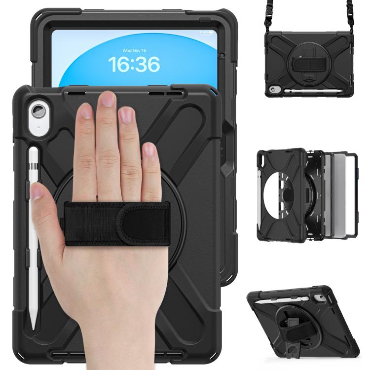 For iPad 2025 / 2022 Rotatable Holder Silicone Hybrid PC Tablet Case with Shoulder Strap & Pen Slot