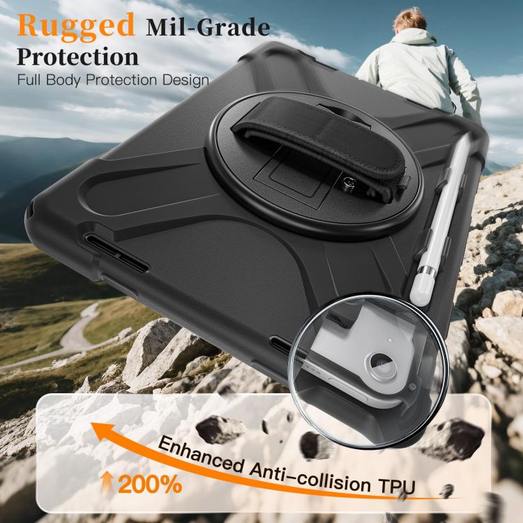 For iPad 2025 / 2022 Rotatable Holder Silicone Hybrid PC Tablet Case with Shoulder Strap & Pen Slot