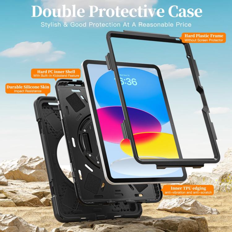 For iPad 2025 / 2022 Rotatable Holder Silicone Hybrid PC Tablet Case with Shoulder Strap & Pen Slot