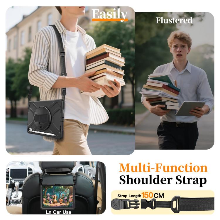 For iPad 2025 / 2022 Rotatable Holder Silicone Hybrid PC Tablet Case with Shoulder Strap & Pen Slot