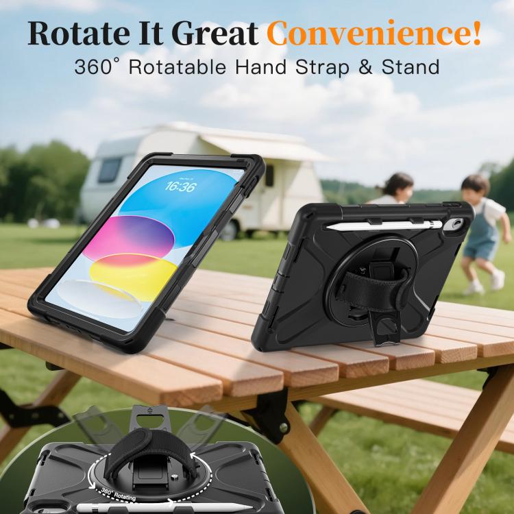 For iPad 2025 / 2022 Rotatable Holder Silicone Hybrid PC Tablet Case with Shoulder Strap & Pen Slot