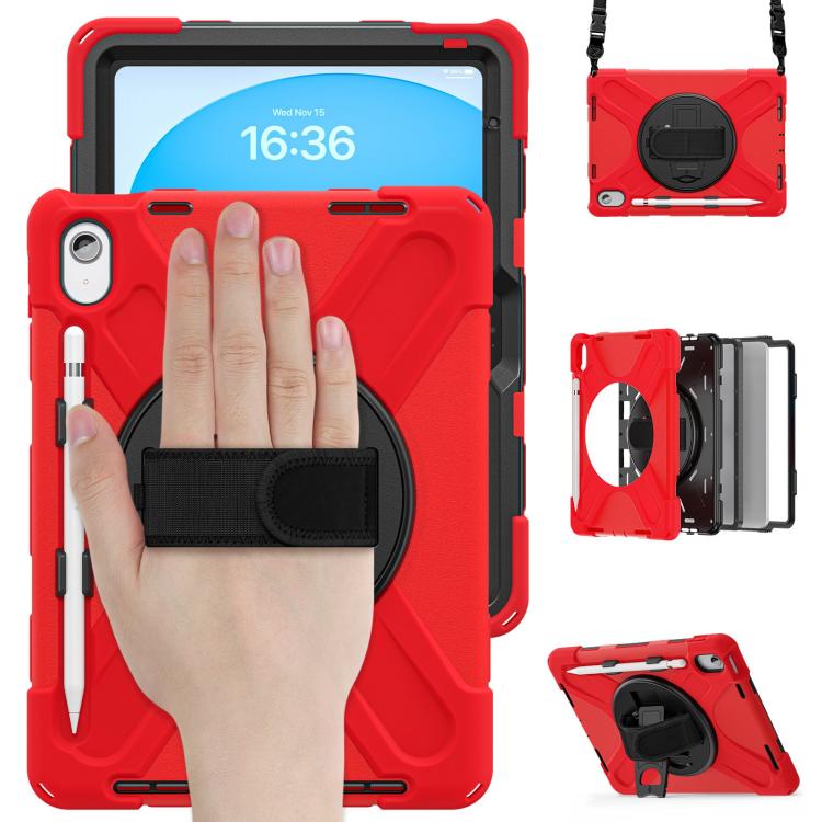 For iPad 2025 / 2022 Rotatable Holder Silicone Hybrid PC Tablet Case with Shoulder Strap & Pen Slot