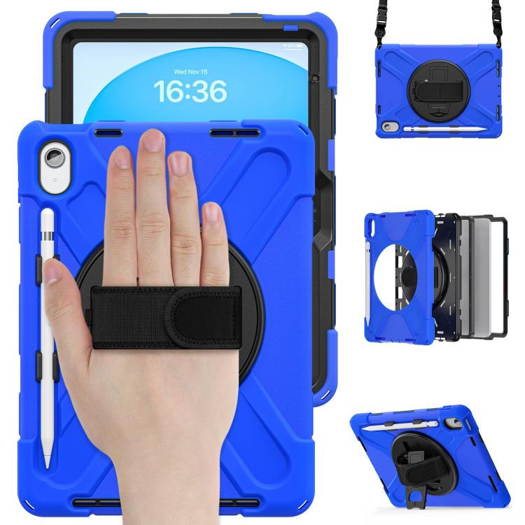 For iPad 2025 / 2022 Rotatable Holder Silicone Hybrid PC Tablet Case with Shoulder Strap & Pen Slot