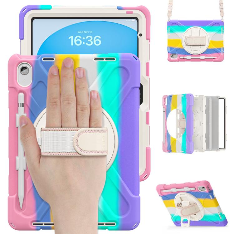 For iPad 2025 / 2022 Rotatable Holder Silicone Hybrid PC Tablet Case with Shoulder Strap & Pen Slot