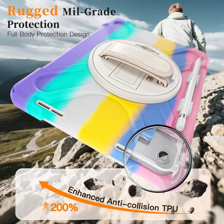 For iPad 2025 / 2022 Rotatable Holder Silicone Hybrid PC Tablet Case with Shoulder Strap & Pen Slot