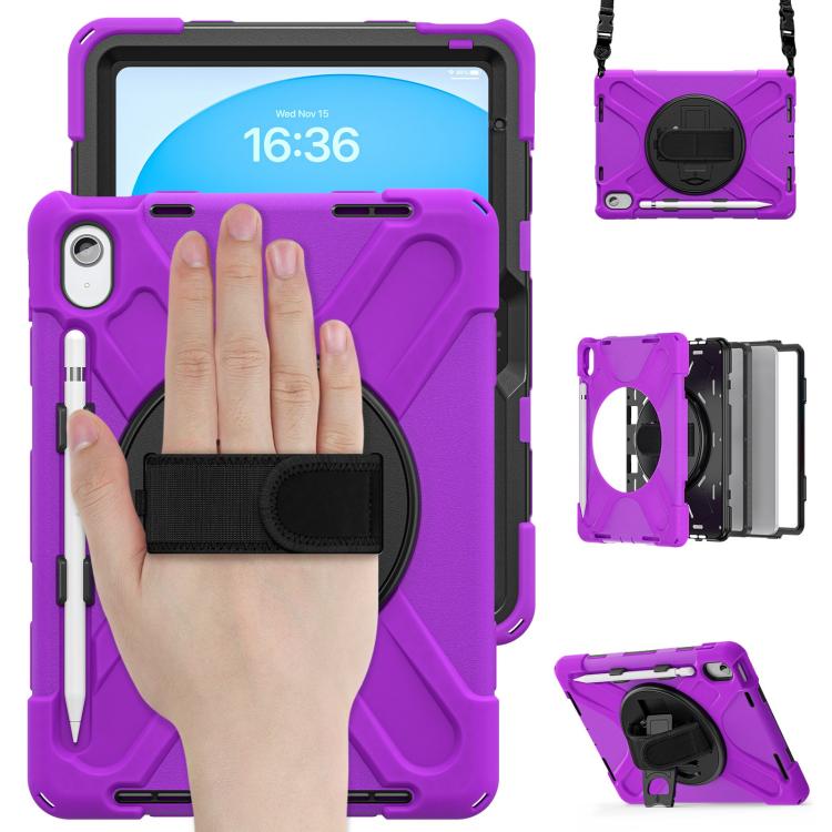 For iPad 2025 / 2022 Rotatable Holder Silicone Hybrid PC Tablet Case with Shoulder Strap & Pen Slot