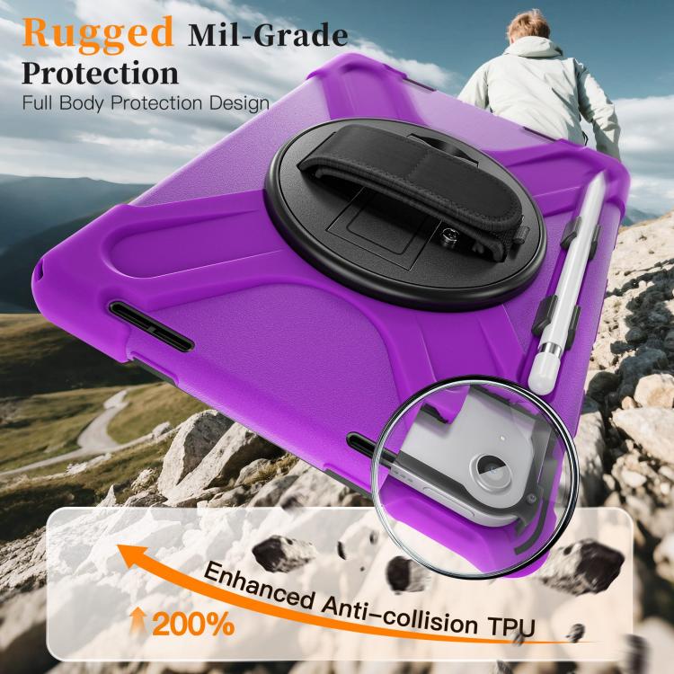 For iPad 2025 / 2022 Rotatable Holder Silicone Hybrid PC Tablet Case with Shoulder Strap & Pen Slot