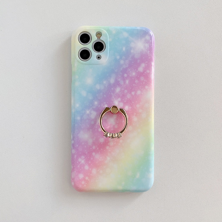 For iPhone 11 Pro Max Shockproo Colorful Glitter Marble Protective Case with Ring Holder