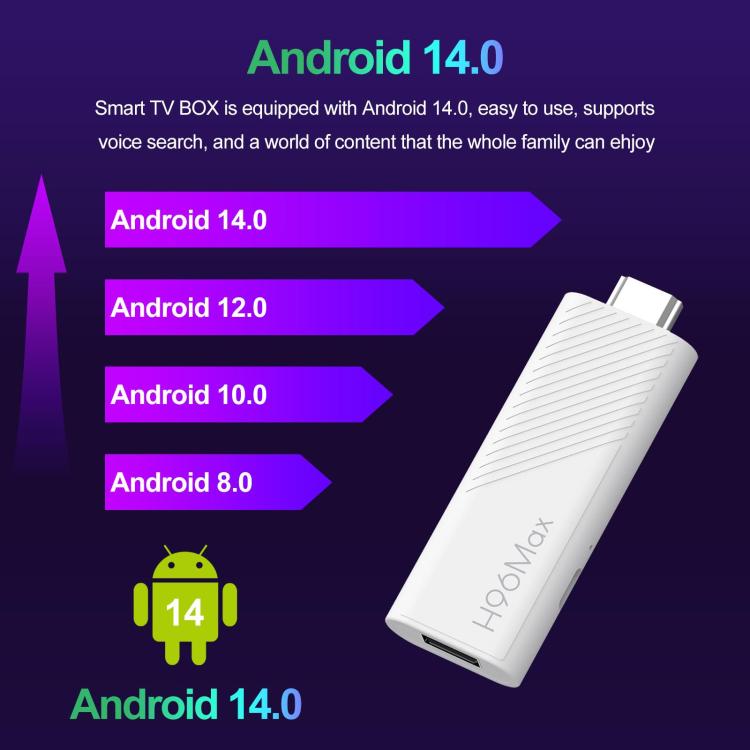H96 Max H313 Android 14 Mini HD TV Stick with Remote Control, 2GB+8GB, ARM Cortex-A53 Quad Core - White